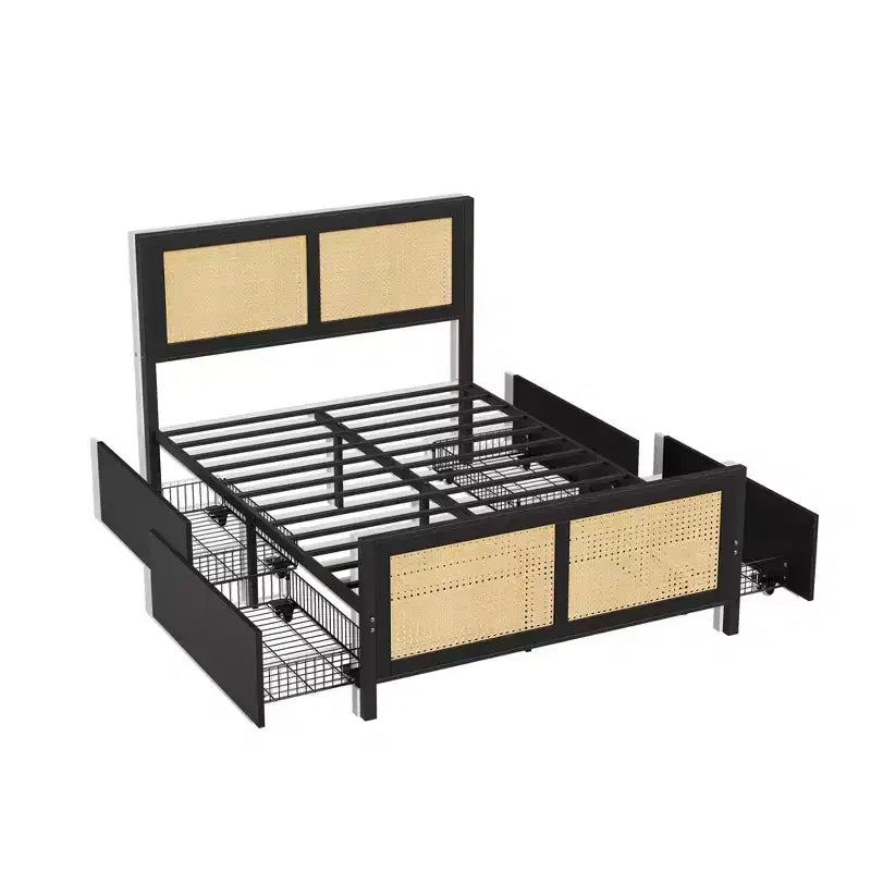Modern Boho Rattan Bed Frame with 7-Color LED Headboard Platform, Cane Footboard, 4 Storage Drawers, Metal Slats, Noise-Free, No Box Season Needed