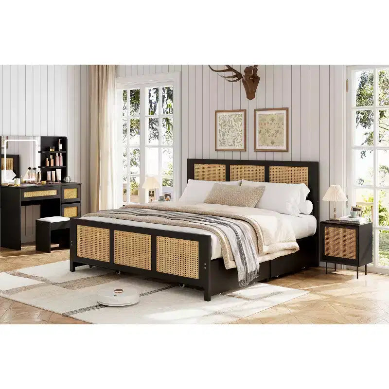 Modern Boho Rattan Bed Frame with 7-Color LED Headboard Platform, Cane Footboard, 4 Storage Drawers, Metal Slats, Noise-Free, No Box Season Needed