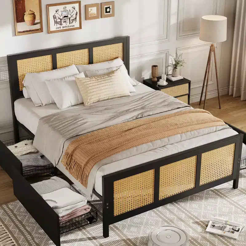 Modern Boho Rattan Bed Frame with 7-Color LED Headboard Platform, Cane Footboard, 4 Storage Drawers, Metal Slats, Noise-Free, No Box Season Needed