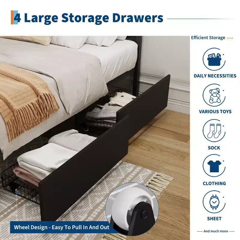 Modern Boho Rattan Bed Frame with 7-Color LED Headboard Platform, Cane Footboard, 4 Storage Drawers, Metal Slats, Noise-Free, No Box Season Needed