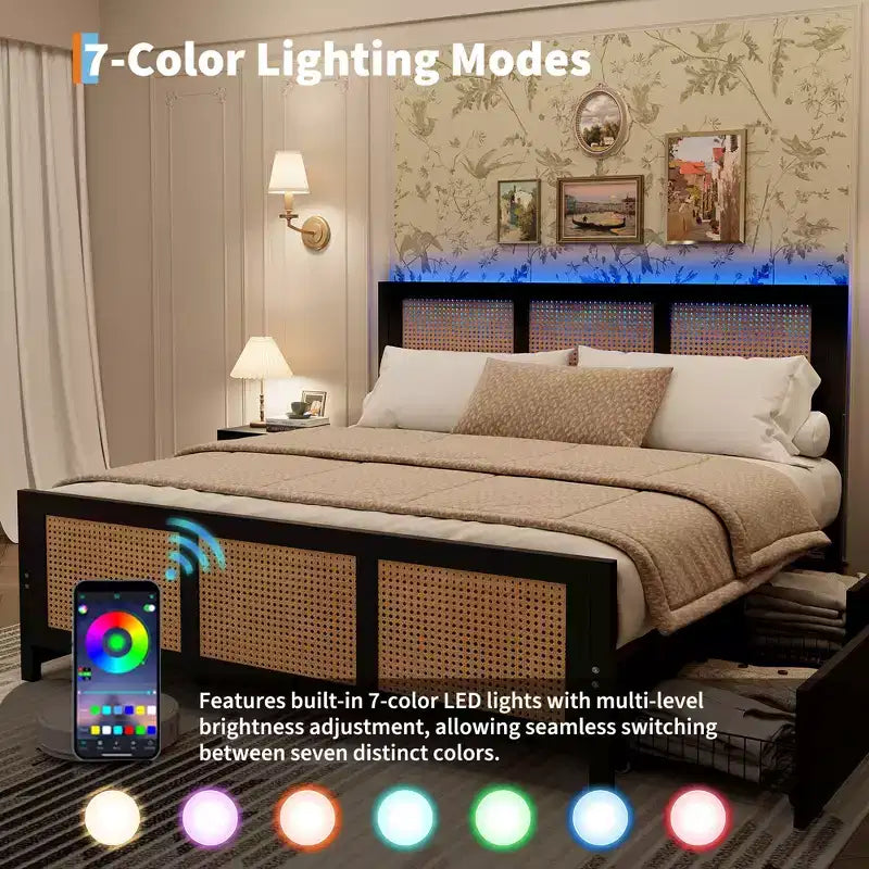 Modern Boho Rattan Bed Frame with 7-Color LED Headboard Platform, Cane Footboard, 4 Storage Drawers, Metal Slats, Noise-Free, No Box Season Needed