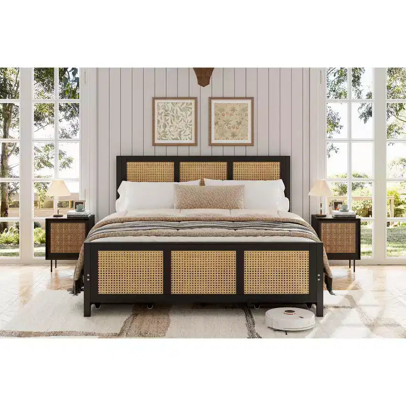 Modern Boho Rattan Bed Frame with 7-Color LED Headboard Platform, Cane Footboard, 4 Storage Drawers, Metal Slats, Noise-Free, No Box Season Needed