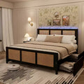 Modern Boho Rattan Bed Frame with 7-Color LED Headboard Platform, Cane Footboard, 4 Storage Drawers, Metal Slats, Noise-Free, No Box Season Needed