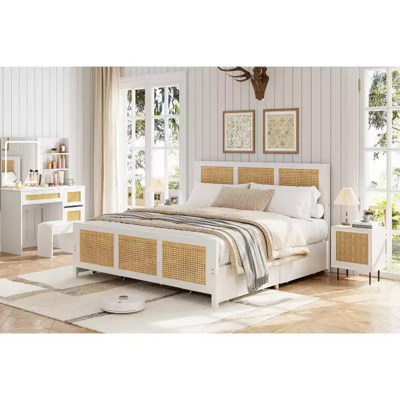 Modern Boho Rattan Bed Frame with 7-Color LED Headboard Platform, Cane Footboard, 4 Storage Drawers, Metal Slats, Noise-Free, No Box Season Needed