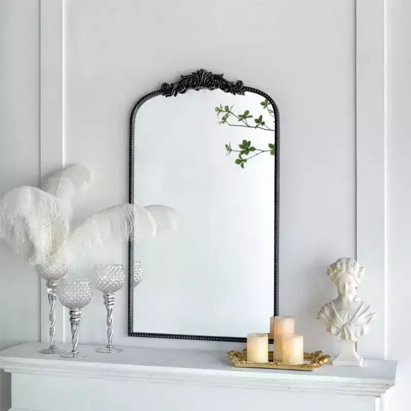 24 x 42 Vintage Gold Arched Decorative Wall Mirror, Ornate Baroque Mantle Mirror with Floral Crown for Entryway - Panipeachy
