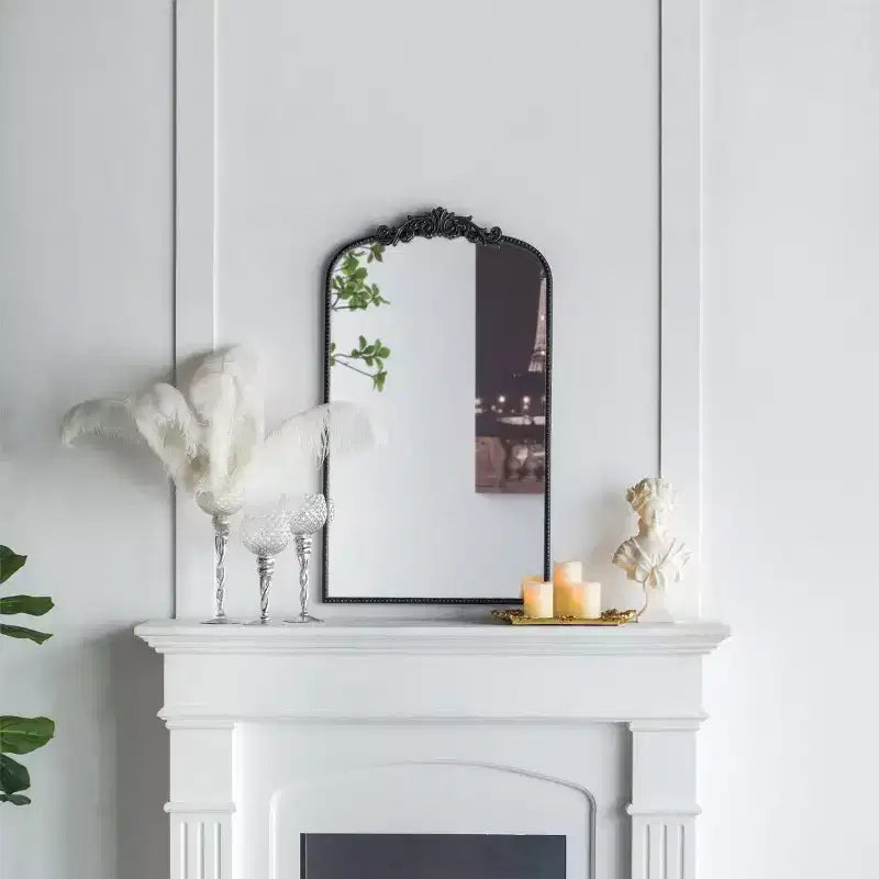 24 x 42 Vintage Gold Arched Decorative Wall Mirror, Ornate Baroque Mantle Mirror with Floral Crown for Entryway - Panipeachy