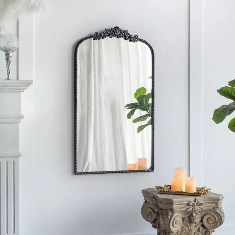 24 x 42 Vintage Gold Arched Decorative Wall Mirror, Ornate Baroque Mantle Mirror with Floral Crown for Entryway - Panipeachy