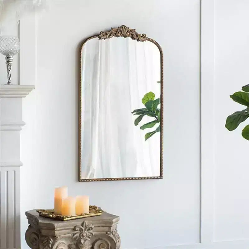 24 x 42 Vintage Gold Arched Decorative Wall Mirror, Ornate Baroque Mantle Mirror with Floral Crown for Entryway - Panipeachy