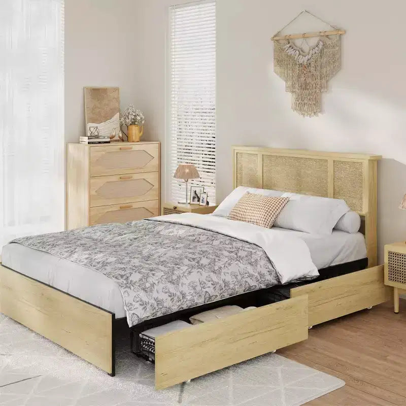Bed Frame with Natural Rattan Headboard, Slats, Bohemian-Style Cane Mattress Support, Strong Metal Base with Resilient Wooden, No Box Spring Needed