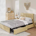 Bed Frame with Natural Rattan Headboard, Slats, Bohemian-Style Cane Mattress Support, Strong Metal Base with Resilient Wooden, No Box Spring Needed