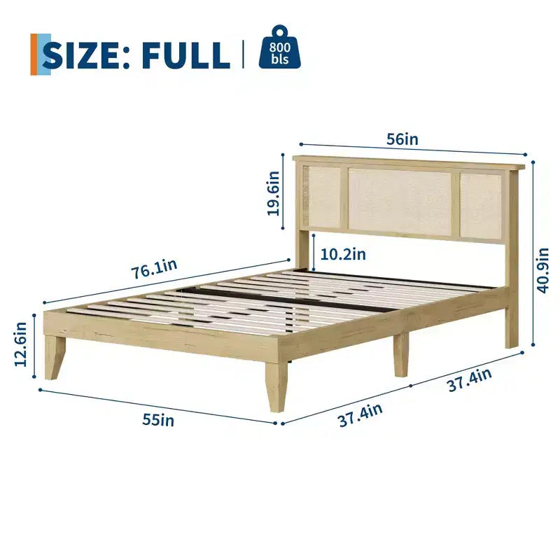 Bed Frame with Natural Rattan Headboard, Slats, Bohemian-Style Cane Mattress Support, Strong Metal Base with Resilient Wooden, No Box Spring Needed