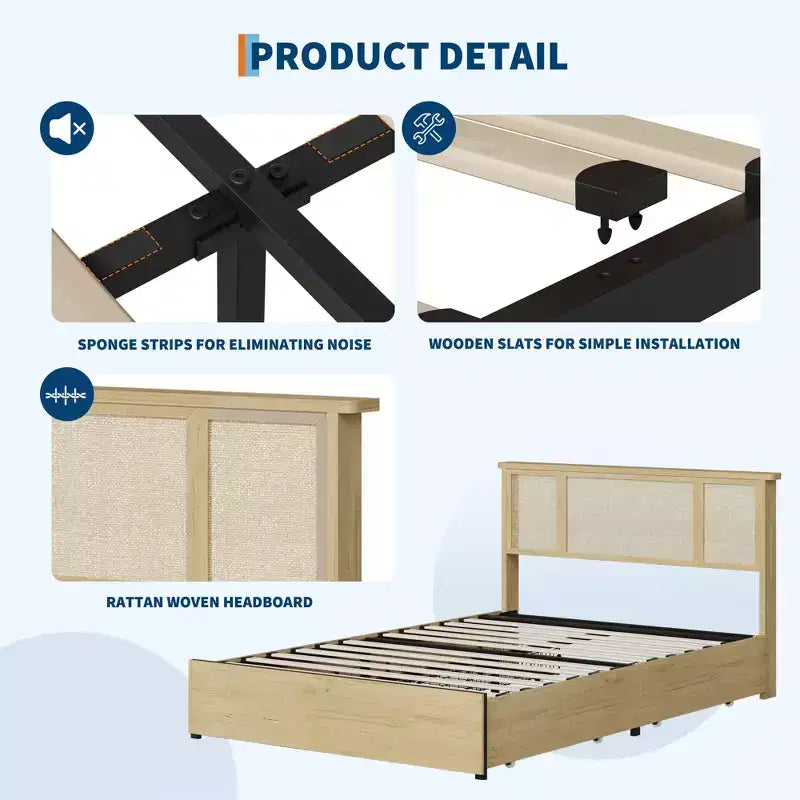 Bed Frame with Natural Rattan Headboard, Slats, Bohemian-Style Cane Mattress Support, Strong Metal Base with Resilient Wooden, No Box Spring Needed