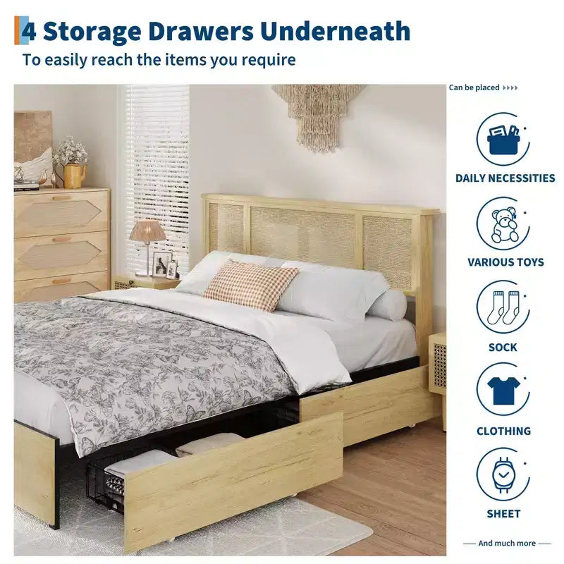 Bed Frame with Natural Rattan Headboard, Slats, Bohemian-Style Cane Mattress Support, Strong Metal Base with Resilient Wooden, No Box Spring Needed