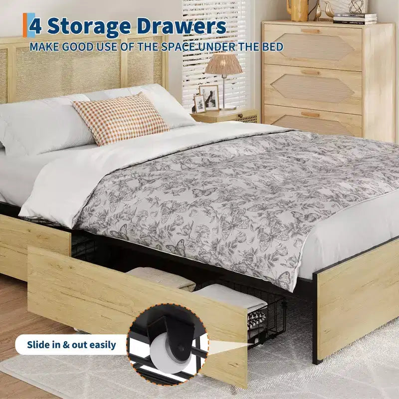 Bed Frame with Natural Rattan Headboard, Slats, Bohemian-Style Cane Mattress Support, Strong Metal Base with Resilient Wooden, No Box Spring Needed