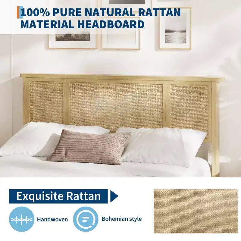 Bed Frame with Natural Rattan Headboard, Slats, Bohemian-Style Cane Mattress Support, Strong Metal Base with Resilient Wooden, No Box Spring Needed