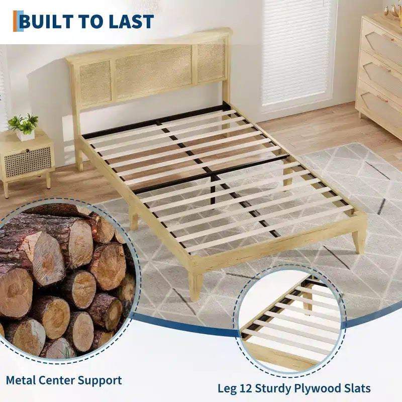 Bed Frame with Natural Rattan Headboard, Slats, Bohemian-Style Cane Mattress Support, Strong Metal Base with Resilient Wooden, No Box Spring Needed