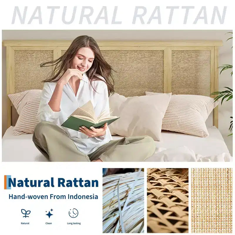 Bed Frame with Natural Rattan Headboard, Slats, Bohemian-Style Cane Mattress Support, Strong Metal Base with Resilient Wooden, No Box Spring Needed