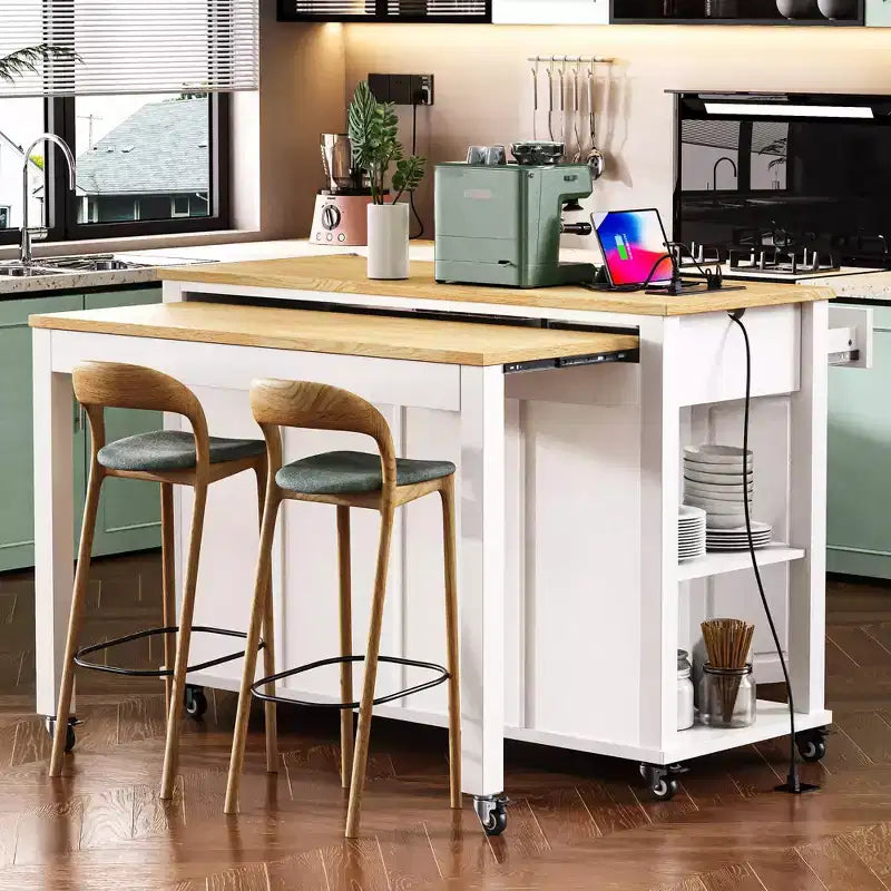 JVNOXK 47-inch Storage Shelf with Outlet Kitchen Island, Extendable Dining Table with Rubberwood Veneer, 2 Drawers and 2 Cabinets, White