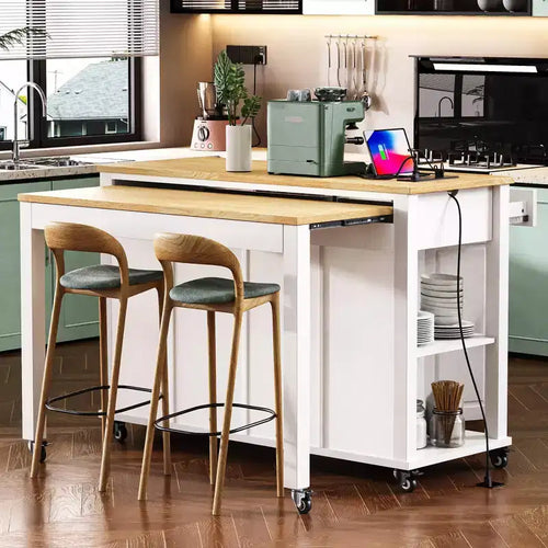 JVNOXK 47-inch Storage Shelf with Outlet Kitchen Island, Extendable Dining Table with Rubberwood Veneer, 2 Drawers and 2 Cabinets, White