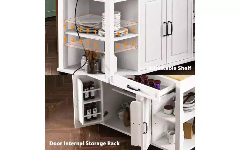 JVNOXK 47-inch Storage Shelf with Outlet Kitchen Island, Extendable Dining Table with Rubberwood Veneer, 2 Drawers and 2 Cabinets, White