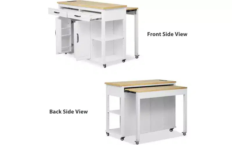 JVNOXK 47-inch Storage Shelf with Outlet Kitchen Island, Extendable Dining Table with Rubberwood Veneer, 2 Drawers and 2 Cabinets, White