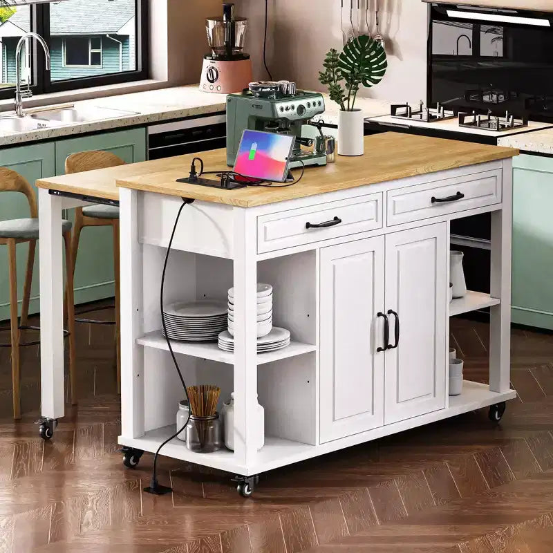 JVNOXK 47-inch Storage Shelf with Outlet Kitchen Island, Extendable Dining Table with Rubberwood Veneer, 2 Drawers and 2 Cabinets, White