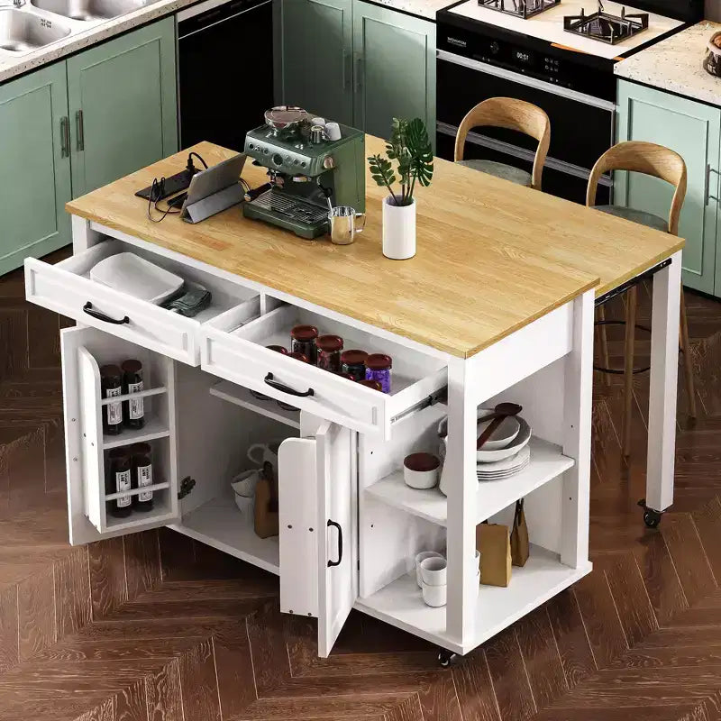 JVNOXK 47-inch Storage Shelf with Outlet Kitchen Island, Extendable Dining Table with Rubberwood Veneer, 2 Drawers and 2 Cabinets, White