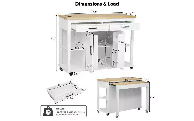 JVNOXK 47-inch Storage Shelf with Outlet Kitchen Island, Extendable Dining Table with Rubberwood Veneer, 2 Drawers and 2 Cabinets, White