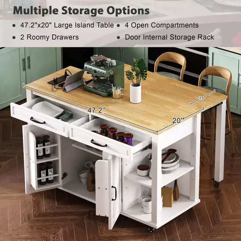 JVNOXK 47-inch Storage Shelf with Outlet Kitchen Island, Extendable Dining Table with Rubberwood Veneer, 2 Drawers and 2 Cabinets, White