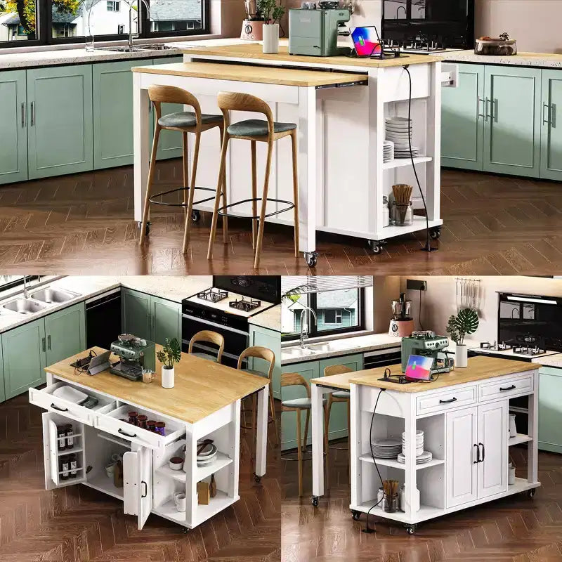 JVNOXK 47-inch Storage Shelf with Outlet Kitchen Island, Extendable Dining Table with Rubberwood Veneer, 2 Drawers and 2 Cabinets, White