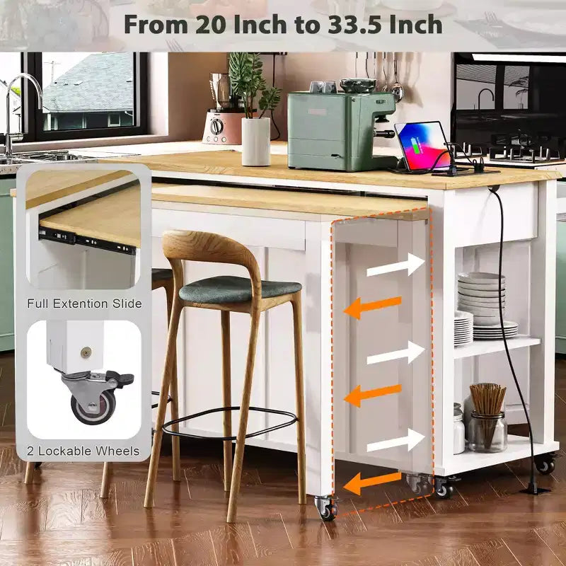 JVNOXK 47-inch Storage Shelf with Outlet Kitchen Island, Extendable Dining Table with Rubberwood Veneer, 2 Drawers and 2 Cabinets, White