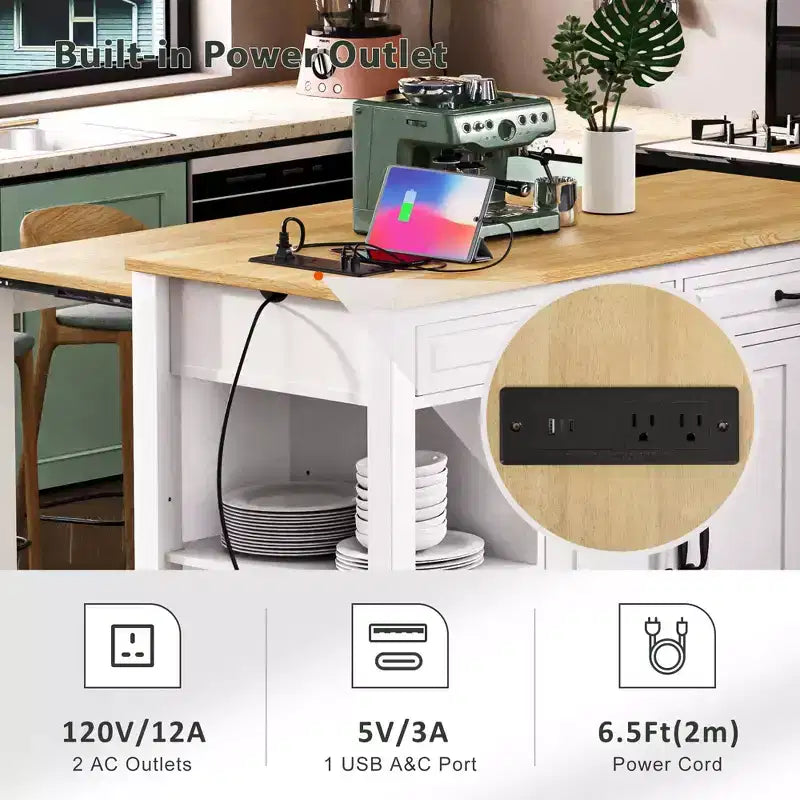 JVNOXK 47-inch Storage Shelf with Outlet Kitchen Island, Extendable Dining Table with Rubberwood Veneer, 2 Drawers and 2 Cabinets, White