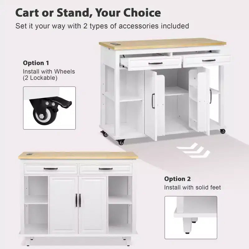JVNOXK 47-inch Storage Shelf with Outlet Kitchen Island, Extendable Dining Table with Rubberwood Veneer, 2 Drawers and 2 Cabinets, White