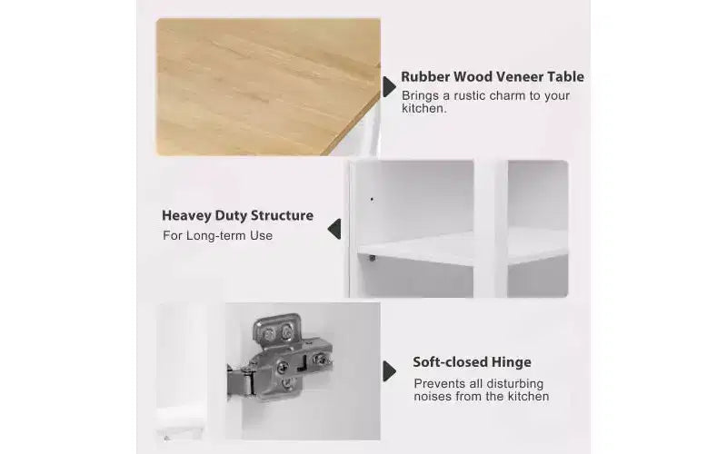 JVNOXK 47-inch Storage Shelf with Outlet Kitchen Island, Extendable Dining Table with Rubberwood Veneer, 2 Drawers and 2 Cabinets, White