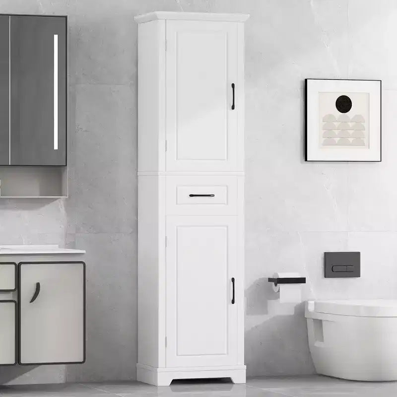 JVNOXK Freestanding tall bathroom storage cabinet, Double-door design with adjustable shelves, Door-mounted shelf configuration, White