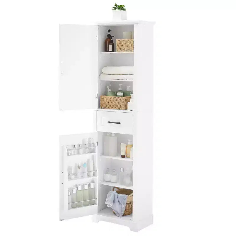 JVNOXK Freestanding tall bathroom storage cabinet, Double-door design with adjustable shelves, Door-mounted shelf configuration, White