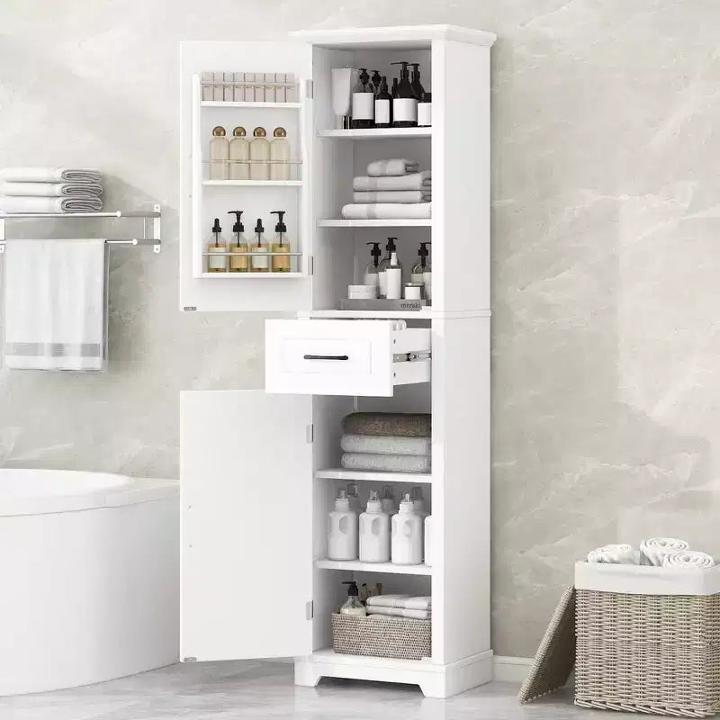 JVNOXK Freestanding tall bathroom storage cabinet, Double-door design with adjustable shelves, Door-mounted shelf configuration, White