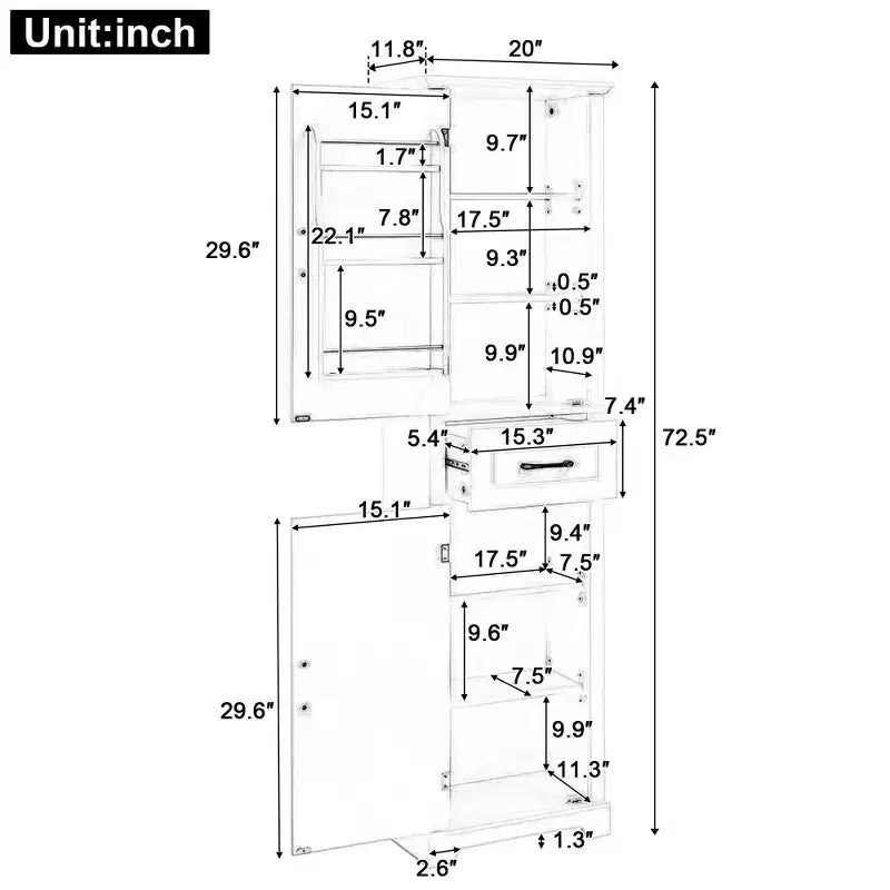 JVNOXK Freestanding tall bathroom storage cabinet, Double-door design with adjustable shelves, Door-mounted shelf configuration, White