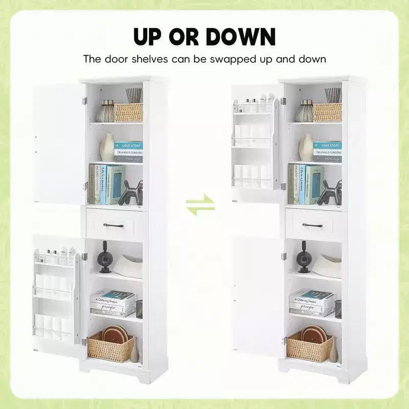 JVNOXK Freestanding tall bathroom storage cabinet, Double-door design with adjustable shelves, Door-mounted shelf configuration, White