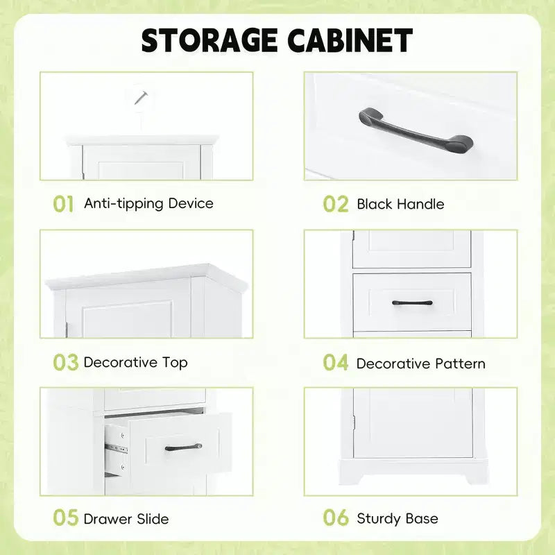 JVNOXK Freestanding tall bathroom storage cabinet, Double-door design with adjustable shelves, Door-mounted shelf configuration, White