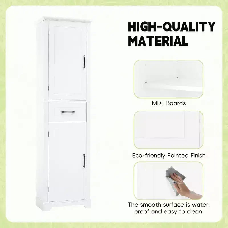 JVNOXK Freestanding tall bathroom storage cabinet, Double-door design with adjustable shelves, Door-mounted shelf configuration, White