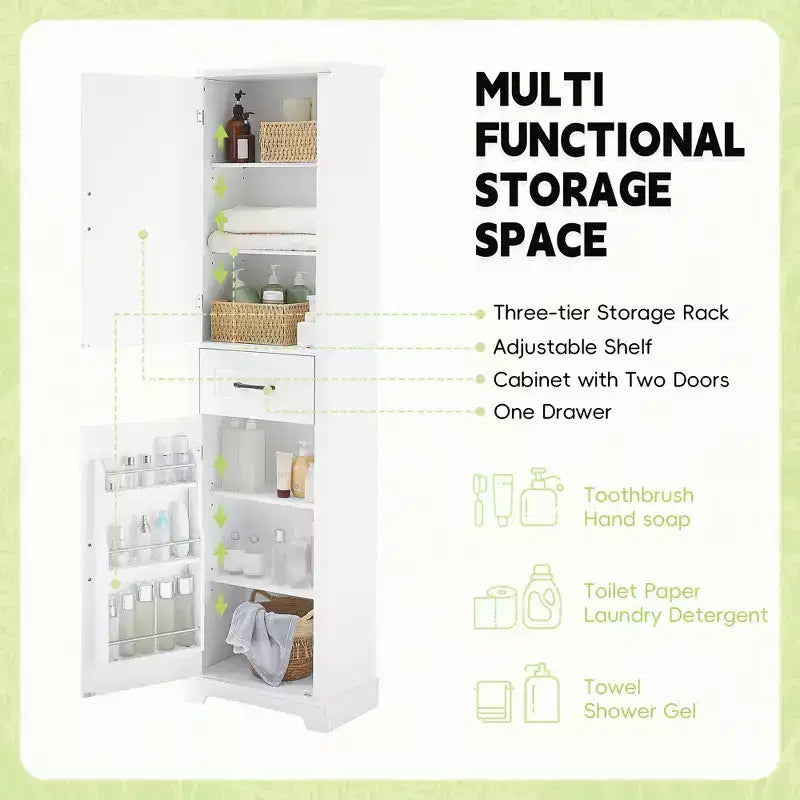 JVNOXK Freestanding tall bathroom storage cabinet, Double-door design with adjustable shelves, Door-mounted shelf configuration, White