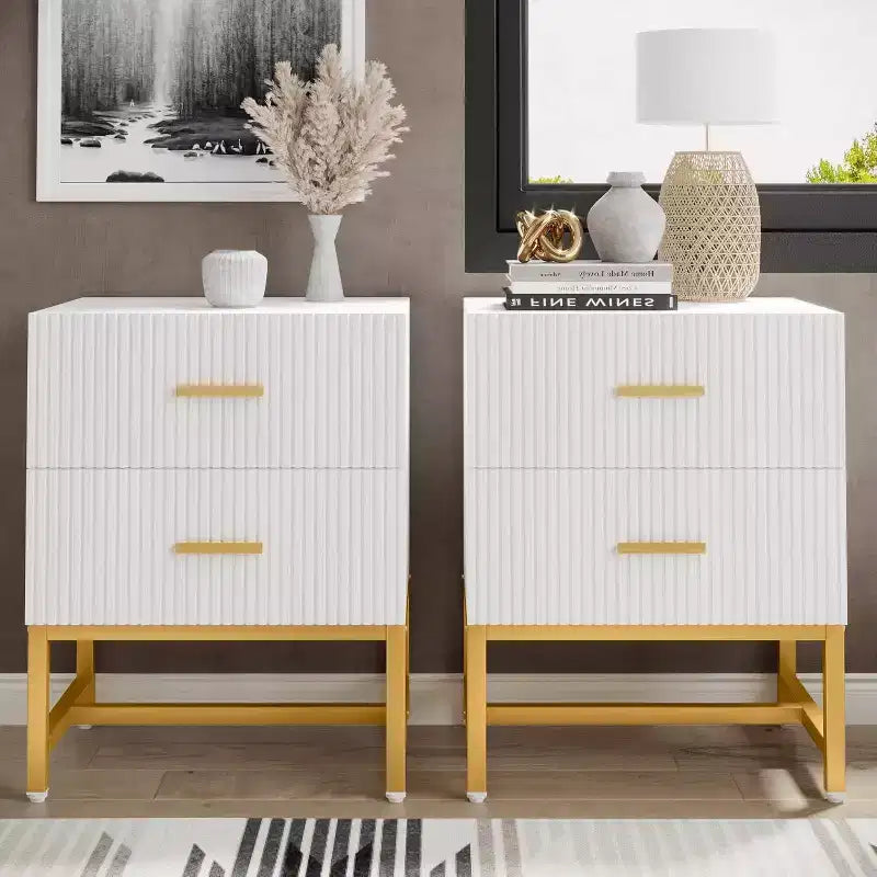 Lantine 2-Drawer Nightstand Set of 2, Modern Fluted Bed Side Table with Storage, Wood End Accent Table for Bedroom, Living Room, Small Spaces, White