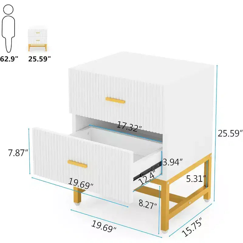 Lantine 2-Drawer Nightstand Set of 2, Modern Fluted Bed Side Table with Storage, Wood End Accent Table for Bedroom, Living Room, Small Spaces, White