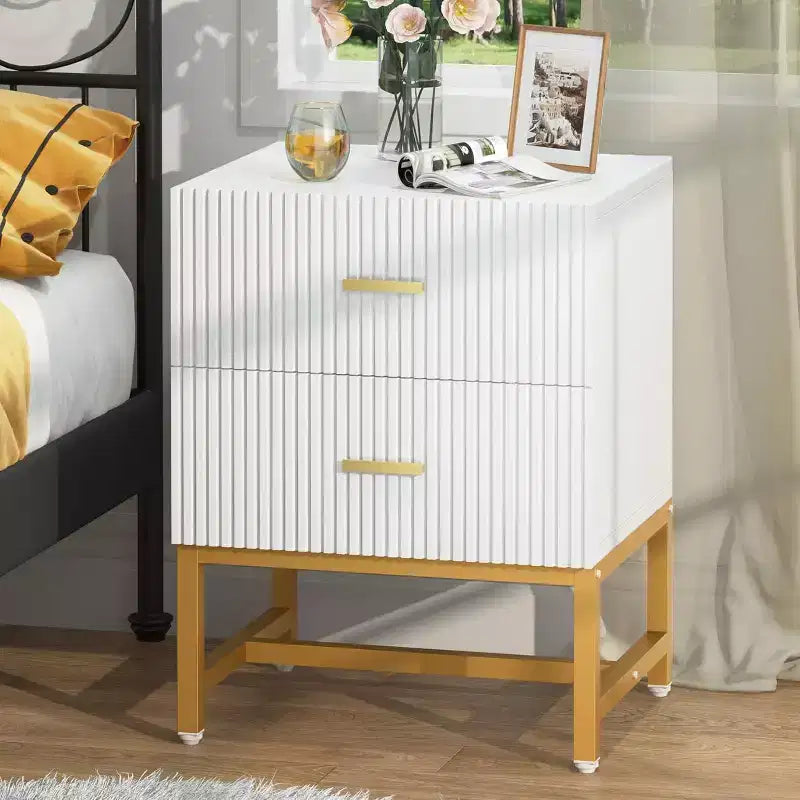 Lantine 2-Drawer Nightstand Set of 2, Modern Fluted Bed Side Table with Storage, Wood End Accent Table for Bedroom, Living Room, Small Spaces, White