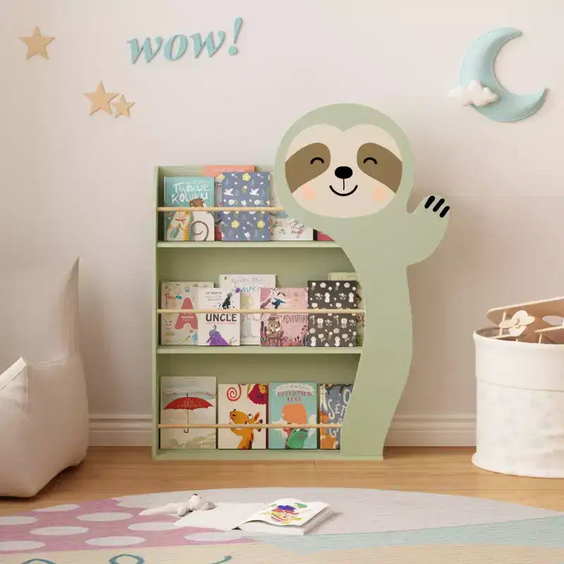 Sloth Kids Bookshelf, 3-Tier Front-Facing Toddler Book Display Rack, Cute Animal Nursery Bookcase with Anti-Tip Kit, Sage Green