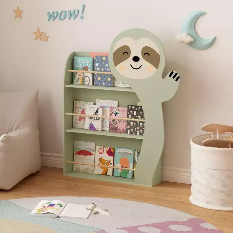 Sloth Kids Bookshelf, 3-Tier Front-Facing Toddler Book Display Rack, Cute Animal Nursery Bookcase with Anti-Tip Kit, Sage Green