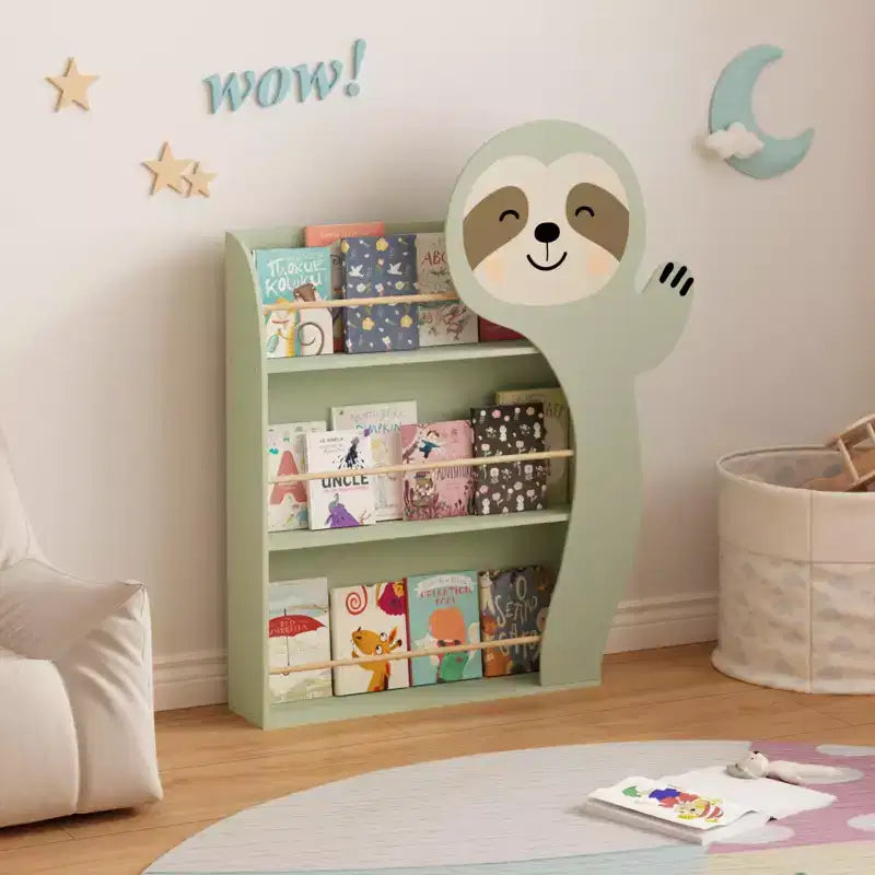 Sloth Kids Bookshelf, 3-Tier Front-Facing Toddler Book Display Rack, Cute Animal Nursery Bookcase with Anti-Tip Kit, Sage Green