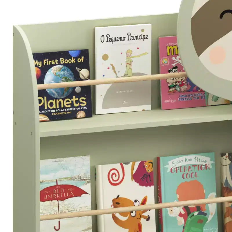 Sloth Kids Bookshelf, 3-Tier Front-Facing Toddler Book Display Rack, Cute Animal Nursery Bookcase with Anti-Tip Kit, Sage Green