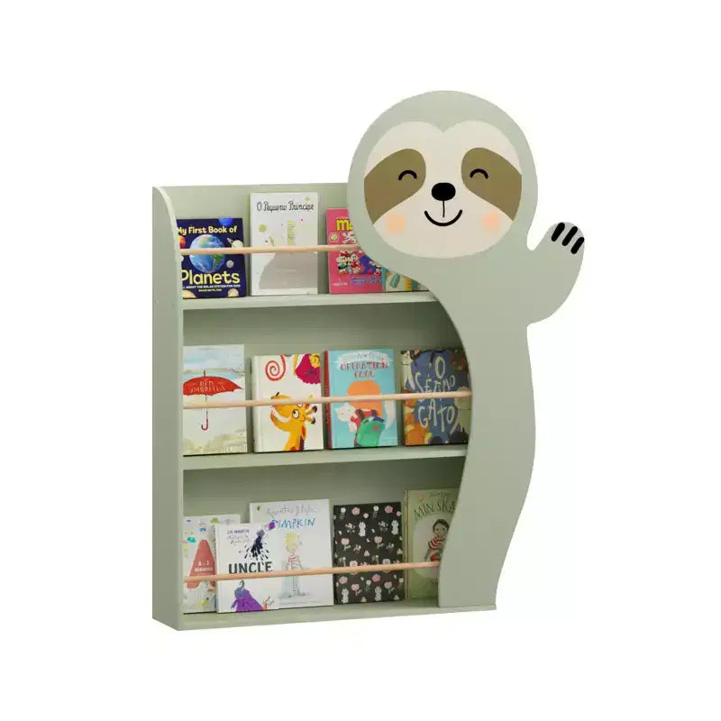 Sloth Kids Bookshelf, 3-Tier Front-Facing Toddler Book Display Rack, Cute Animal Nursery Bookcase with Anti-Tip Kit, Sage Green